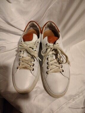 Good Man Brand White Leather Sneakers with Brown Heel Accent